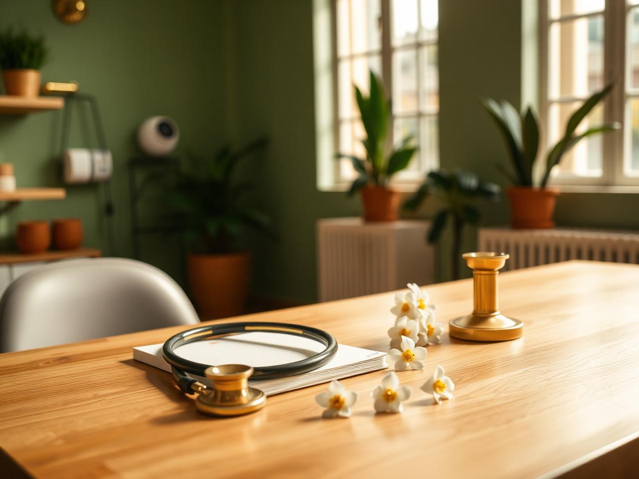Stethoscope coiled beside a brass pen holder, ivory notepad and jasmine flowers on an oak desk