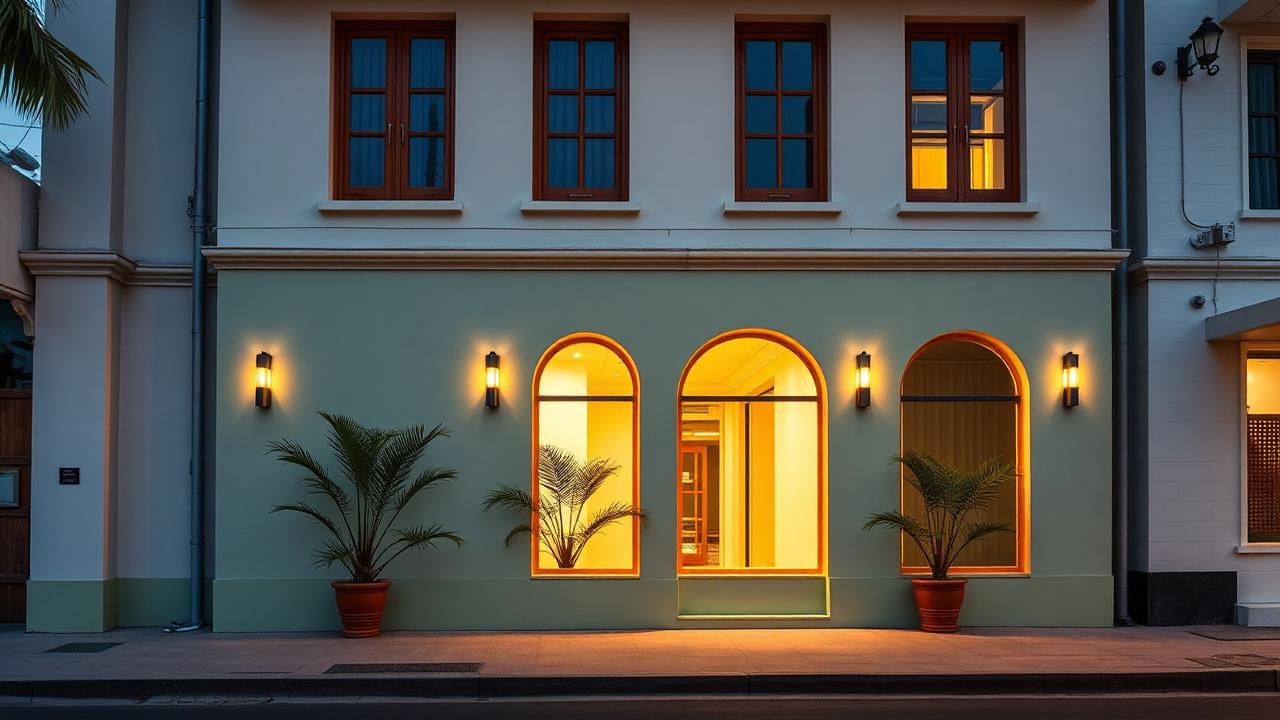 Exterior of a modern low-rise clinic building at dusk with warm light glowing through arched windows