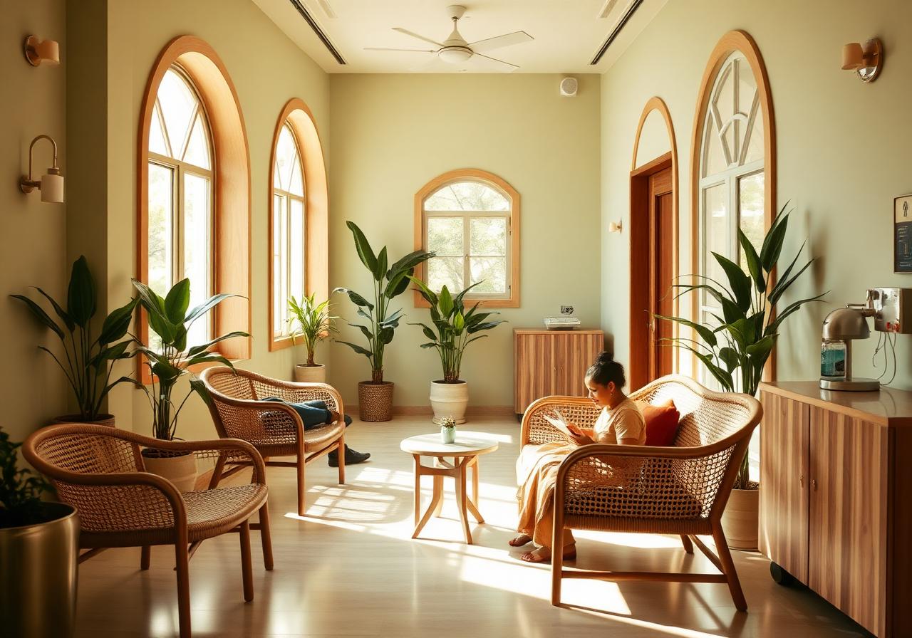 Calm patient waiting lounge with cane chairs, terracotta cushions and abundant daylight