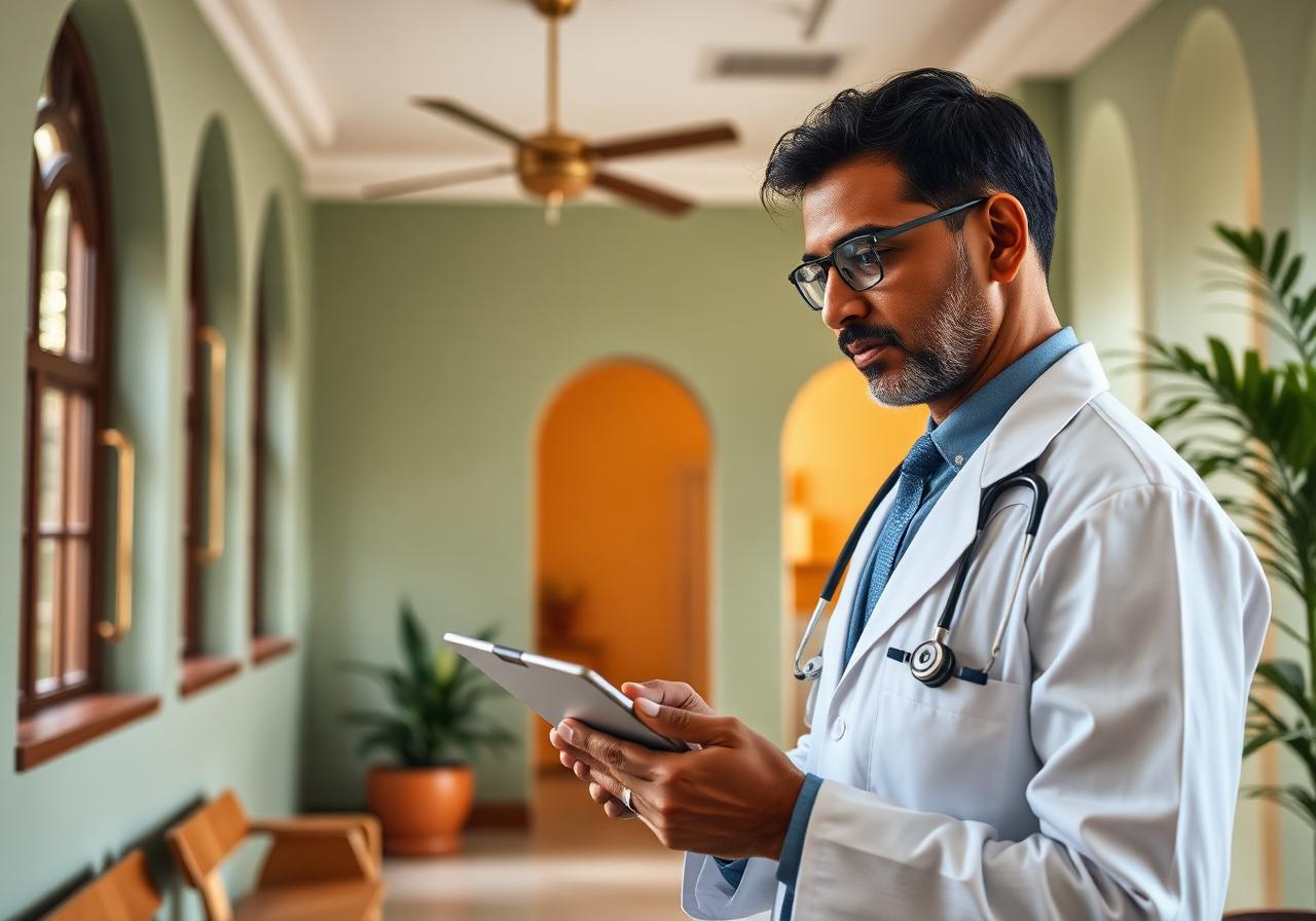 Doctor reviewing an appointment dashboard on a tablet in a sunlit clinic corridor